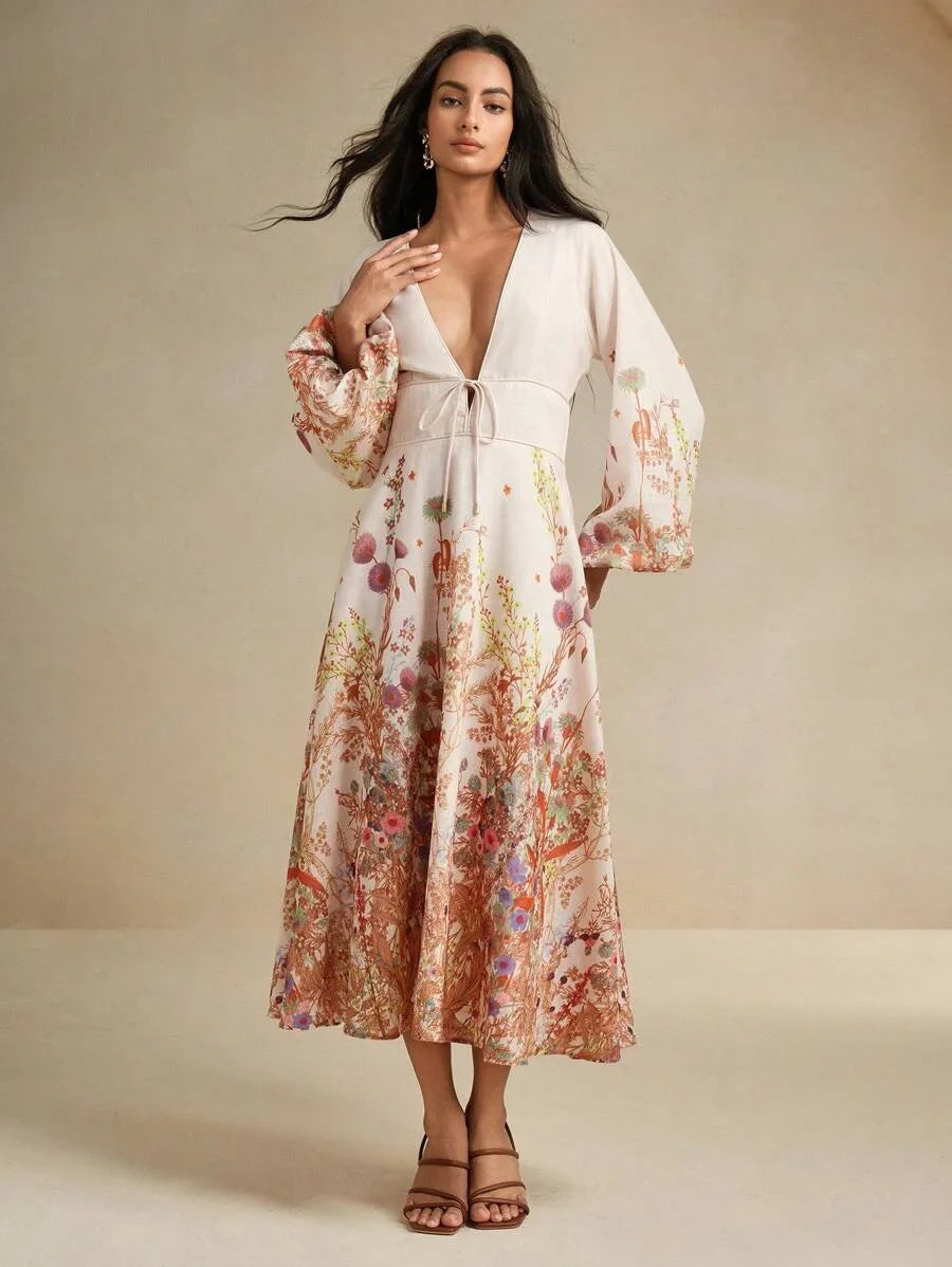 Faux Linen Floral Print Long Sleeve Dress Romantic Resort Style For Early Autumn