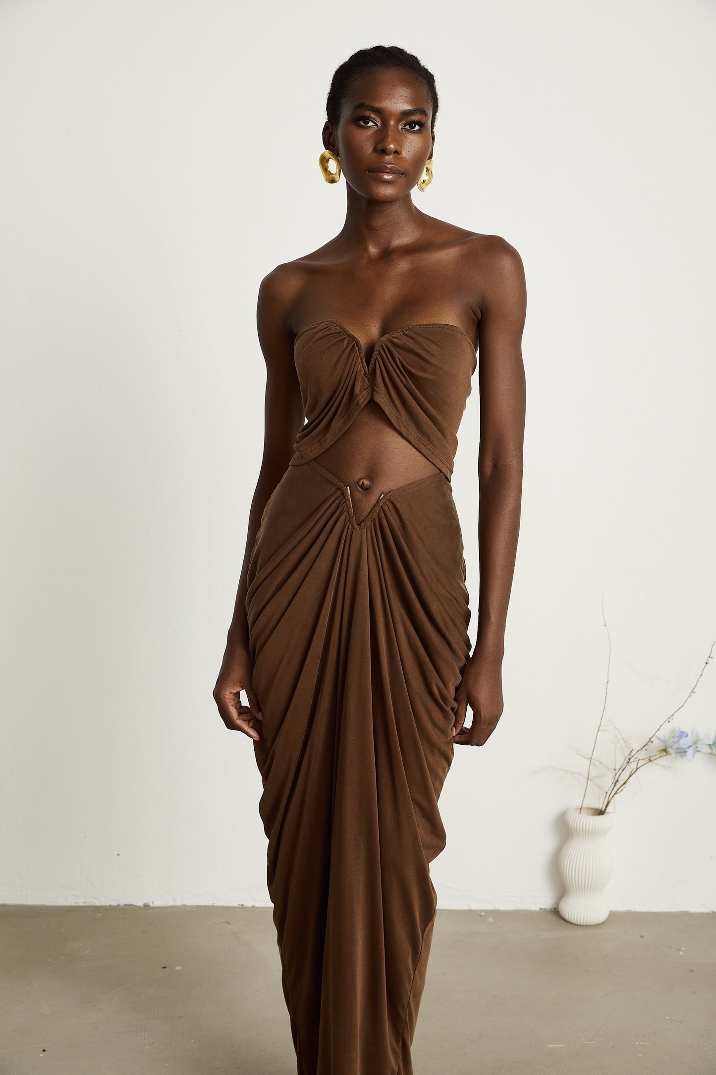 Félicité brown ruched top skirt matching set