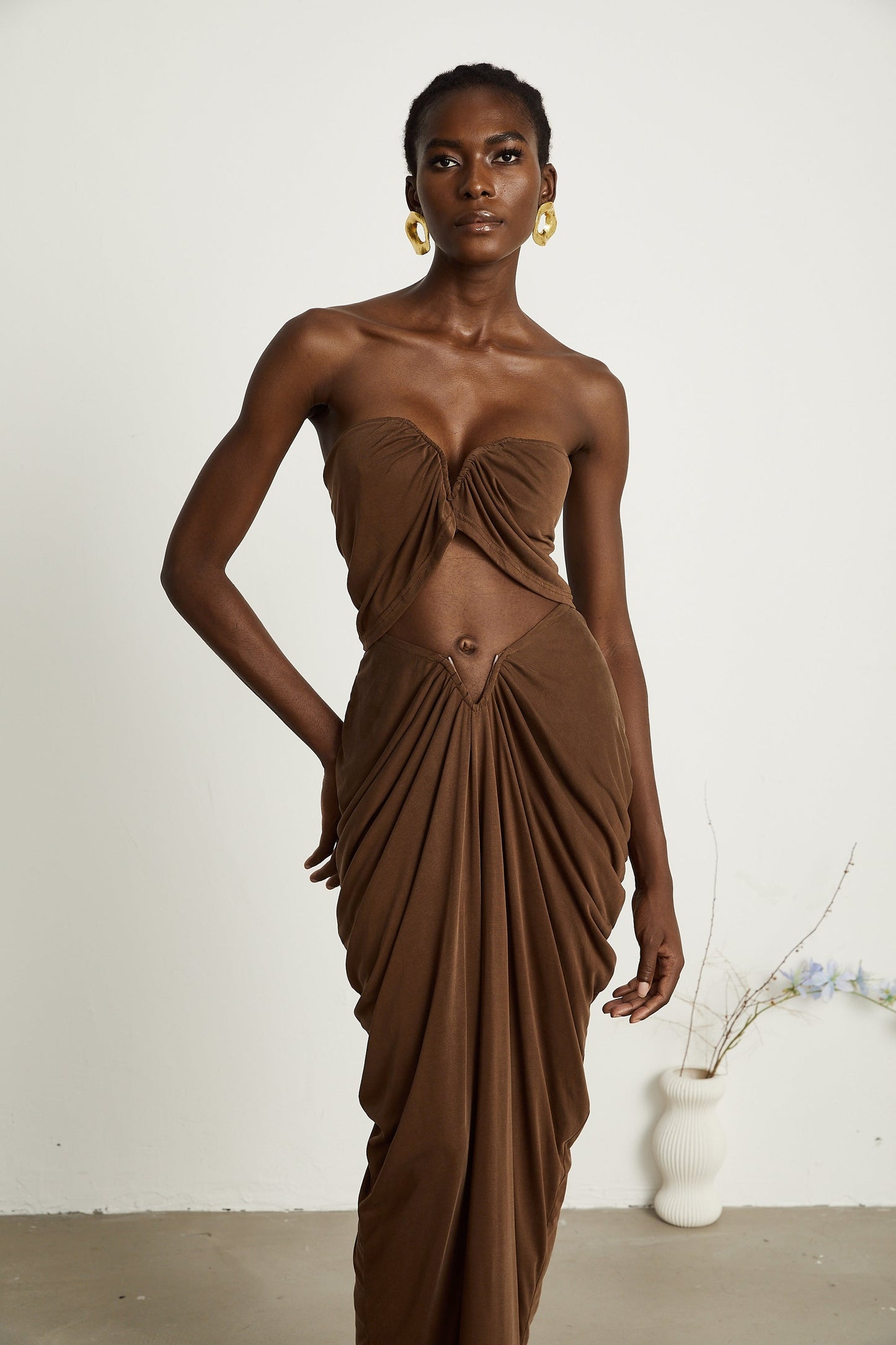 Félicité brown ruched top skirt matching set