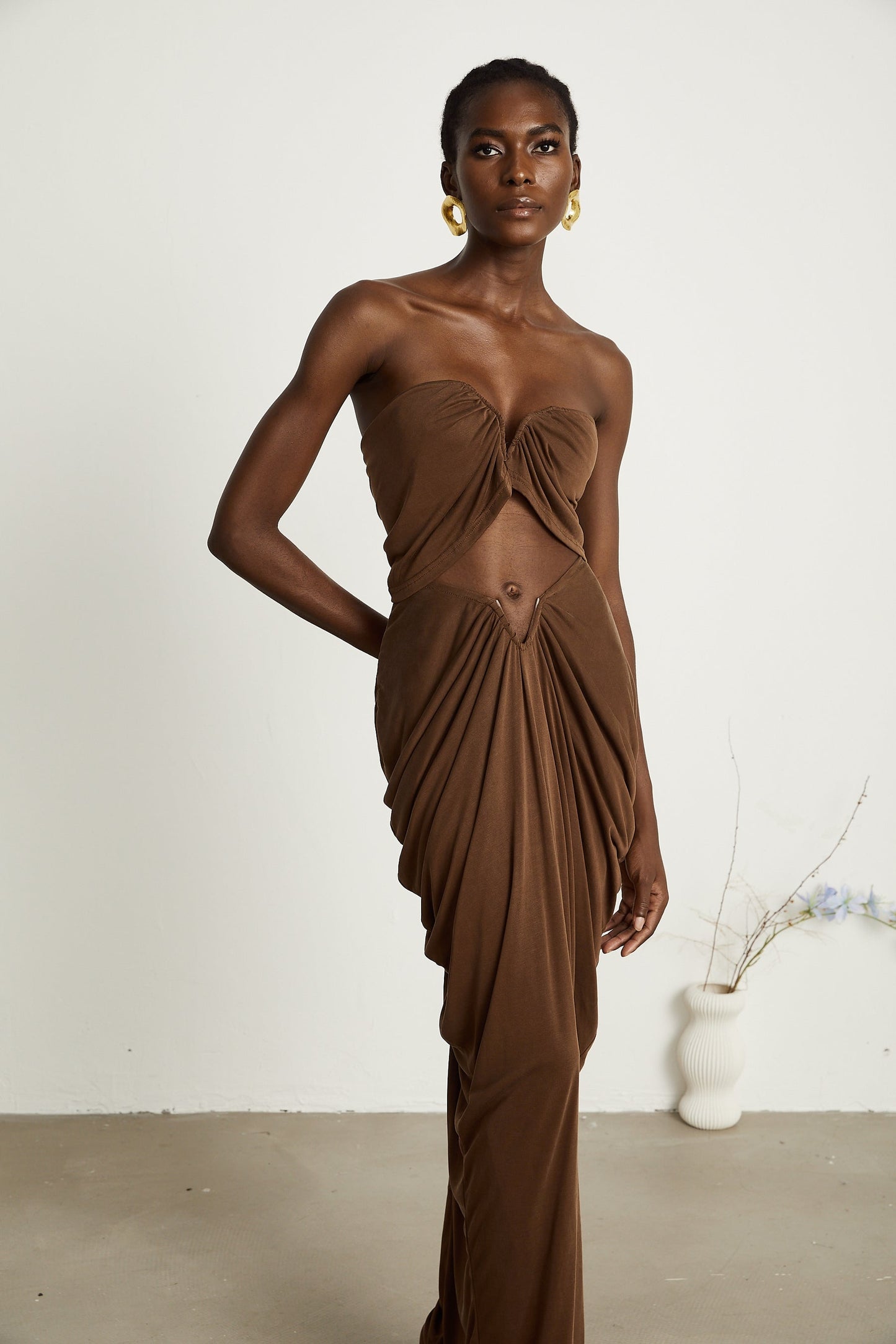 Félicité brown ruched top skirt matching set