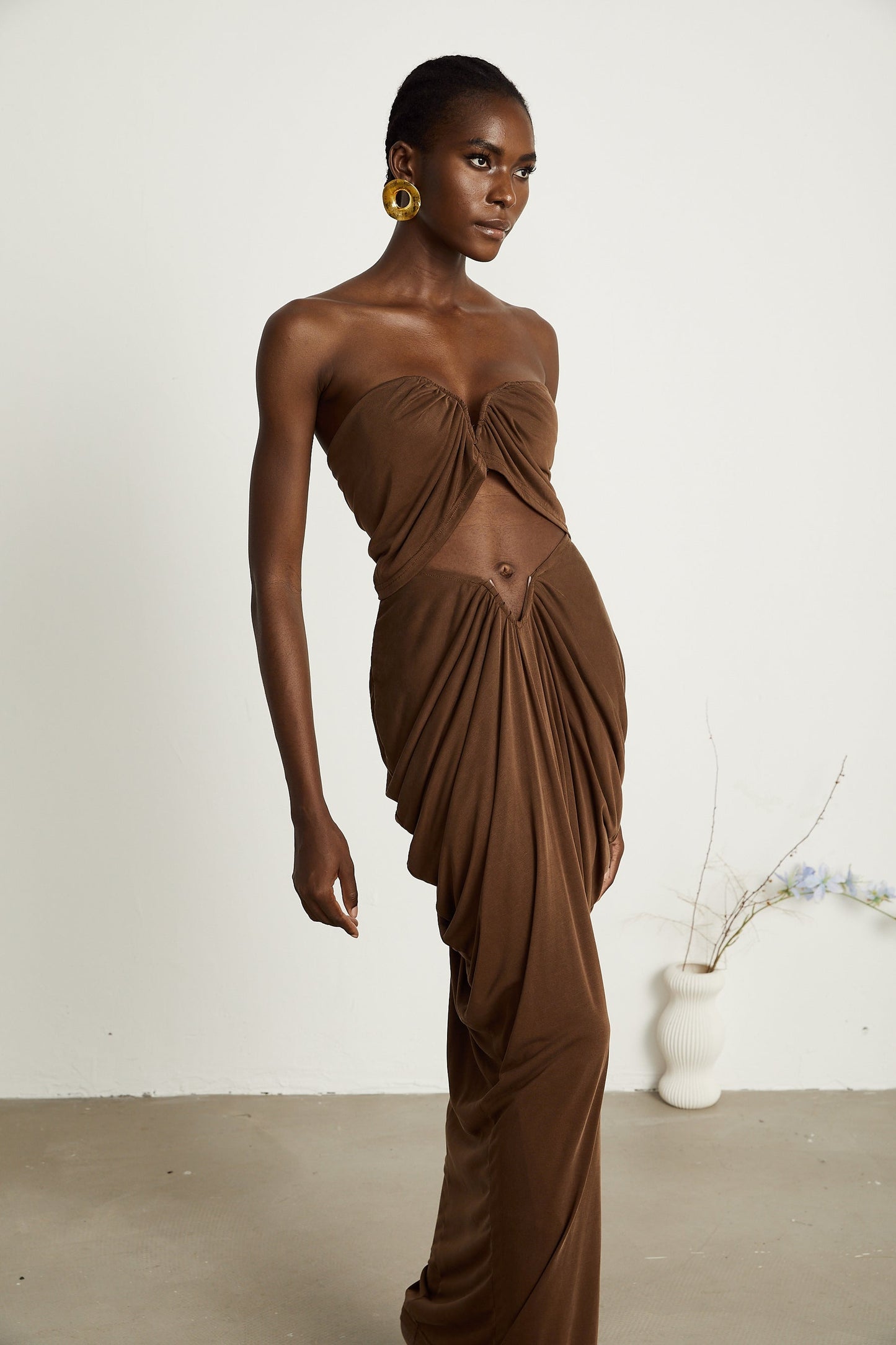 Félicité brown ruched top skirt matching set