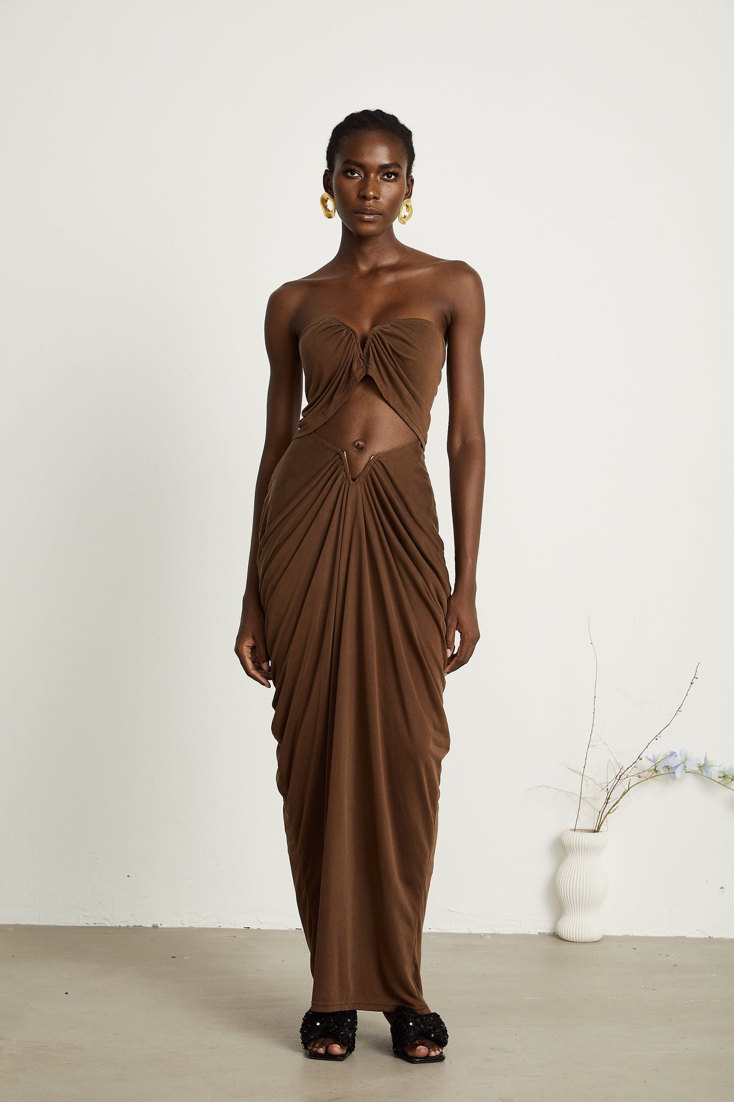 Félicité brown ruched top skirt matching set