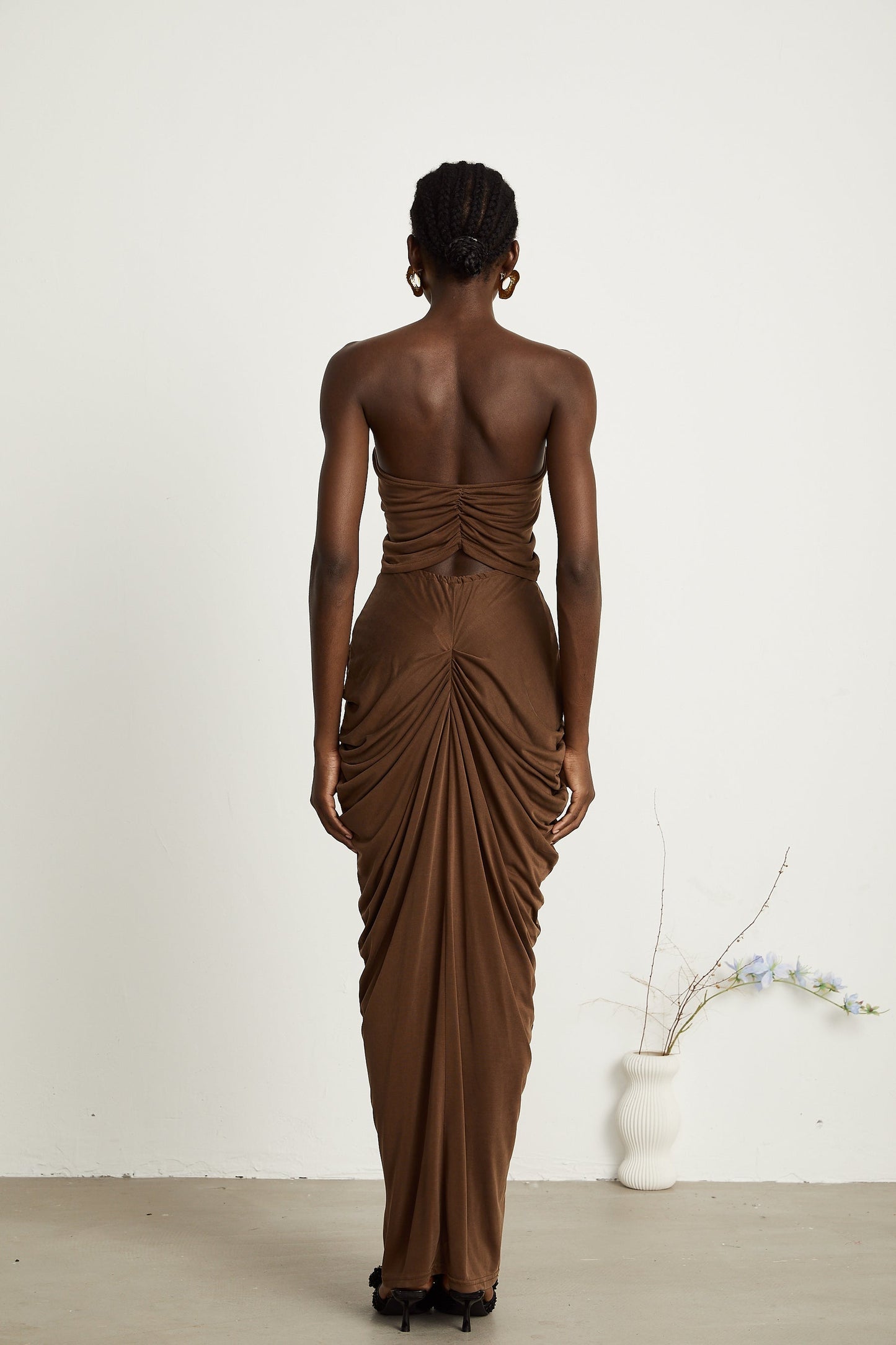 Félicité brown ruched top skirt matching set