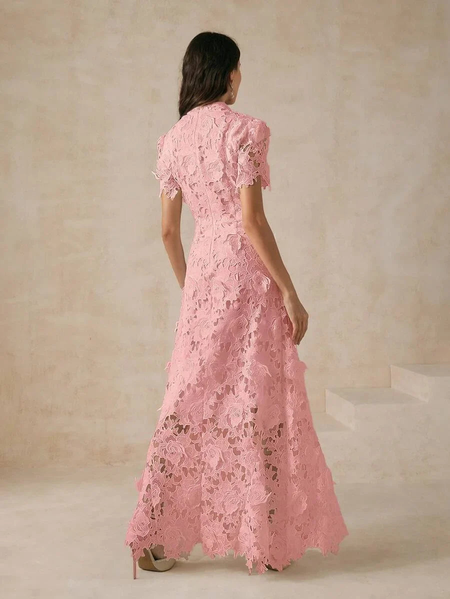 Fitted Lace Trim Short Sleeve Dress For Women Maxi Women Outfit