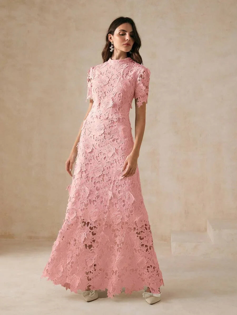 Fitted Lace Trim Short Sleeve Dress For Women Maxi Women Outfit