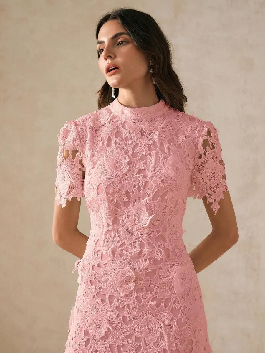 Fitted Lace Trim Short Sleeve Dress For Women Maxi Women Outfit