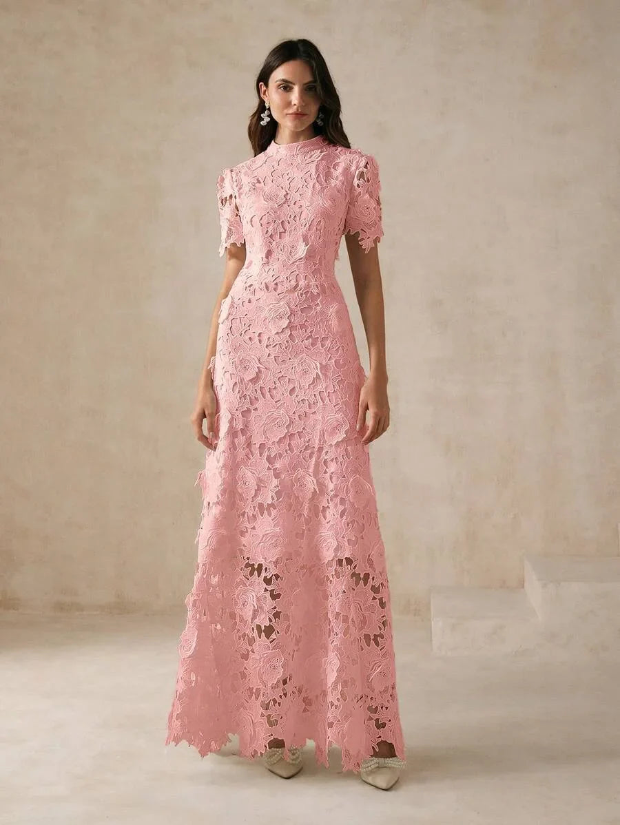 Fitted Lace Trim Short Sleeve Dress For Women Maxi Women Outfit
