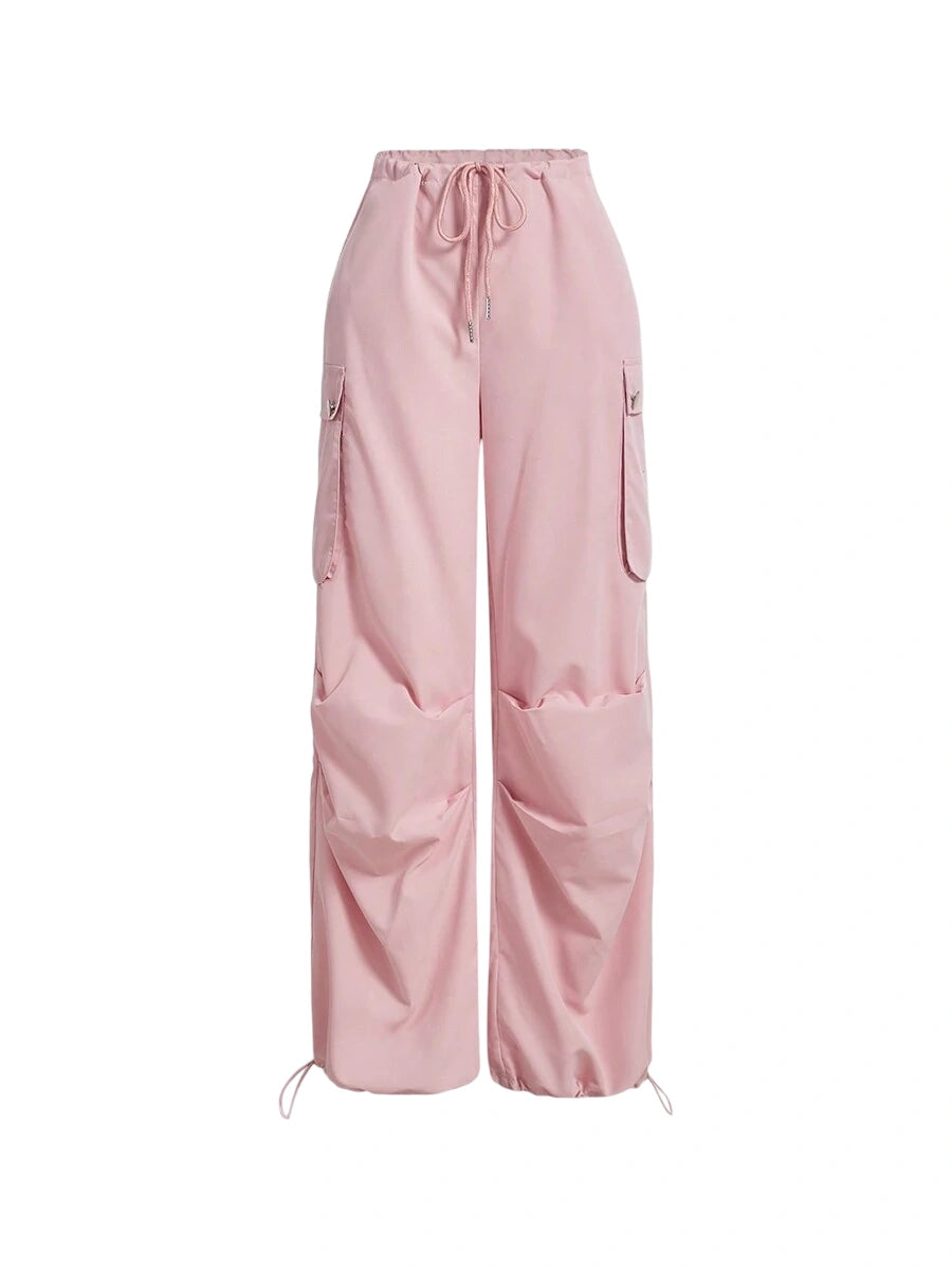 Flap Pocket Side Drawstring Waist Parachute Pants