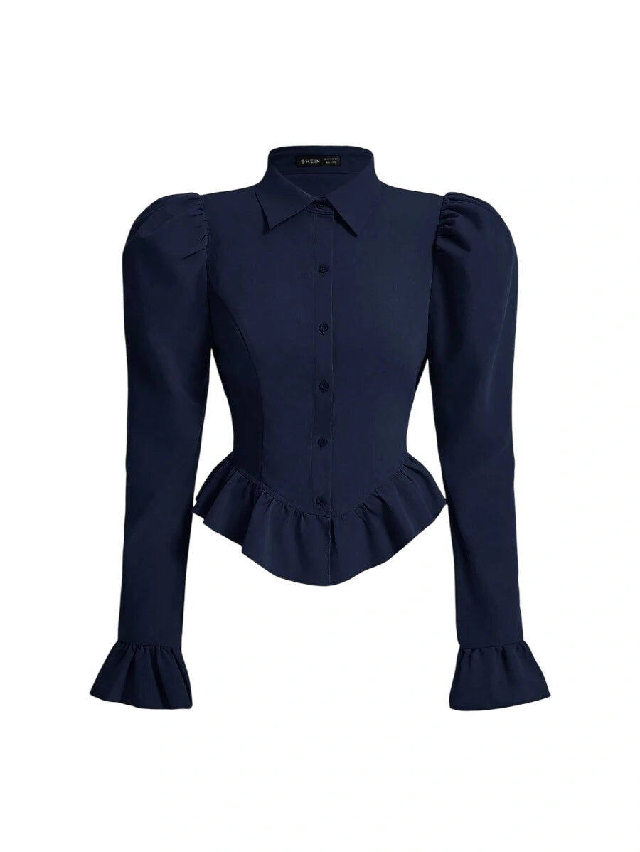 Navy blue tailored blouse with puff sleeves and ruffled hem