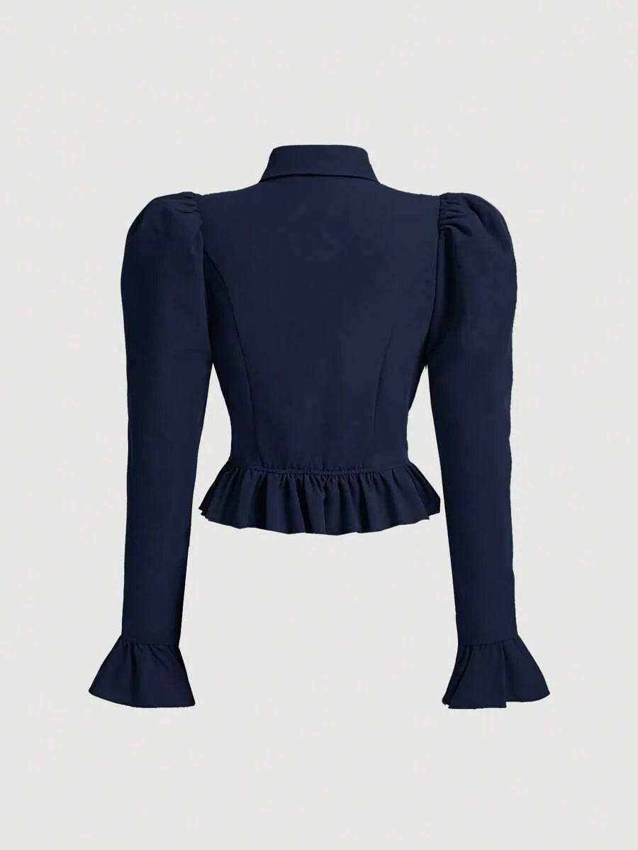 Flare Sleeve Ruffle Hem Navy Waisted Shirt
