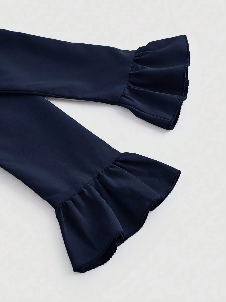 Flare Sleeve Ruffle Hem Navy Waisted Shirt