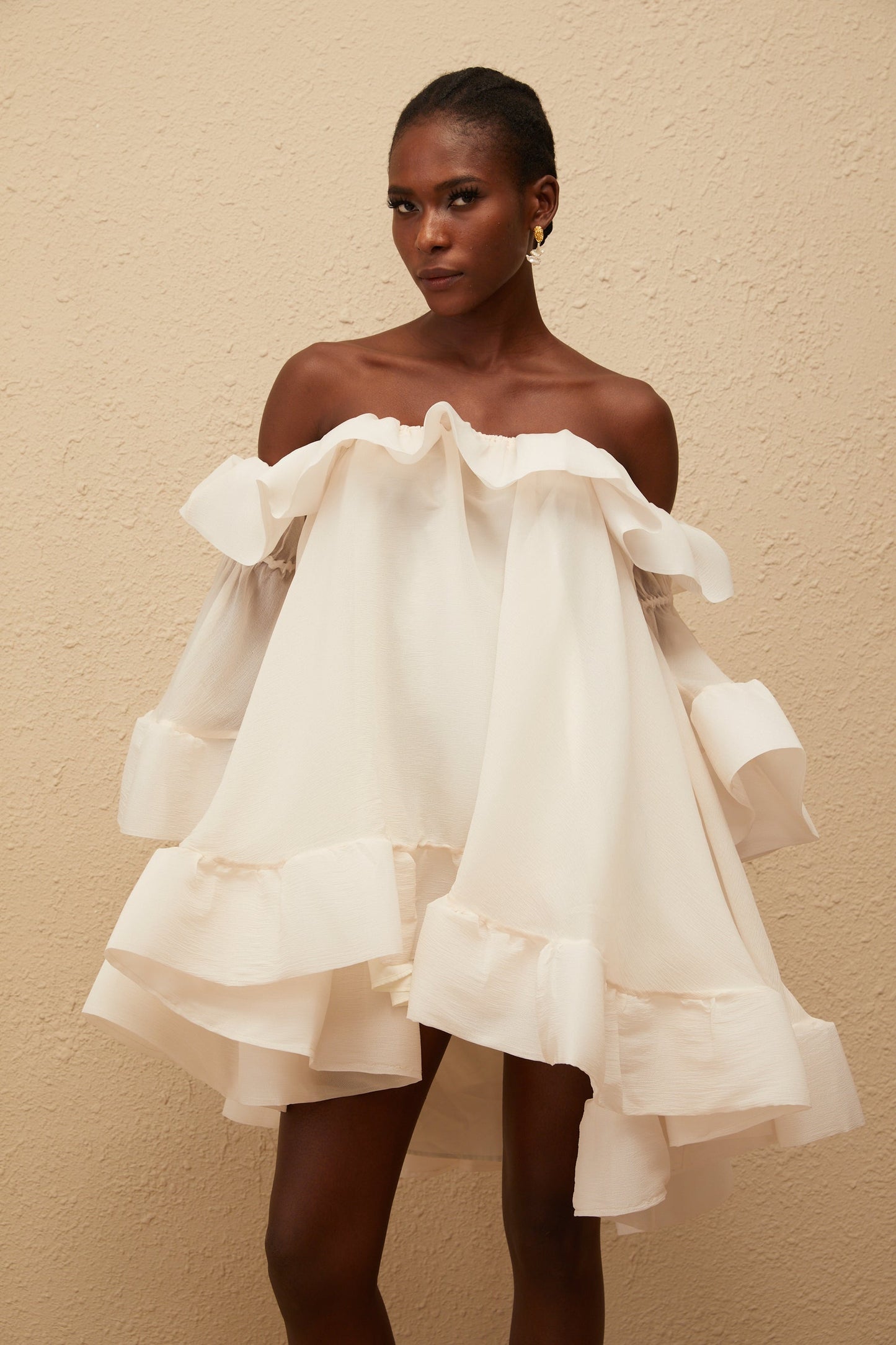 Flavie White Off Shoulder Ruffled Mini Dress