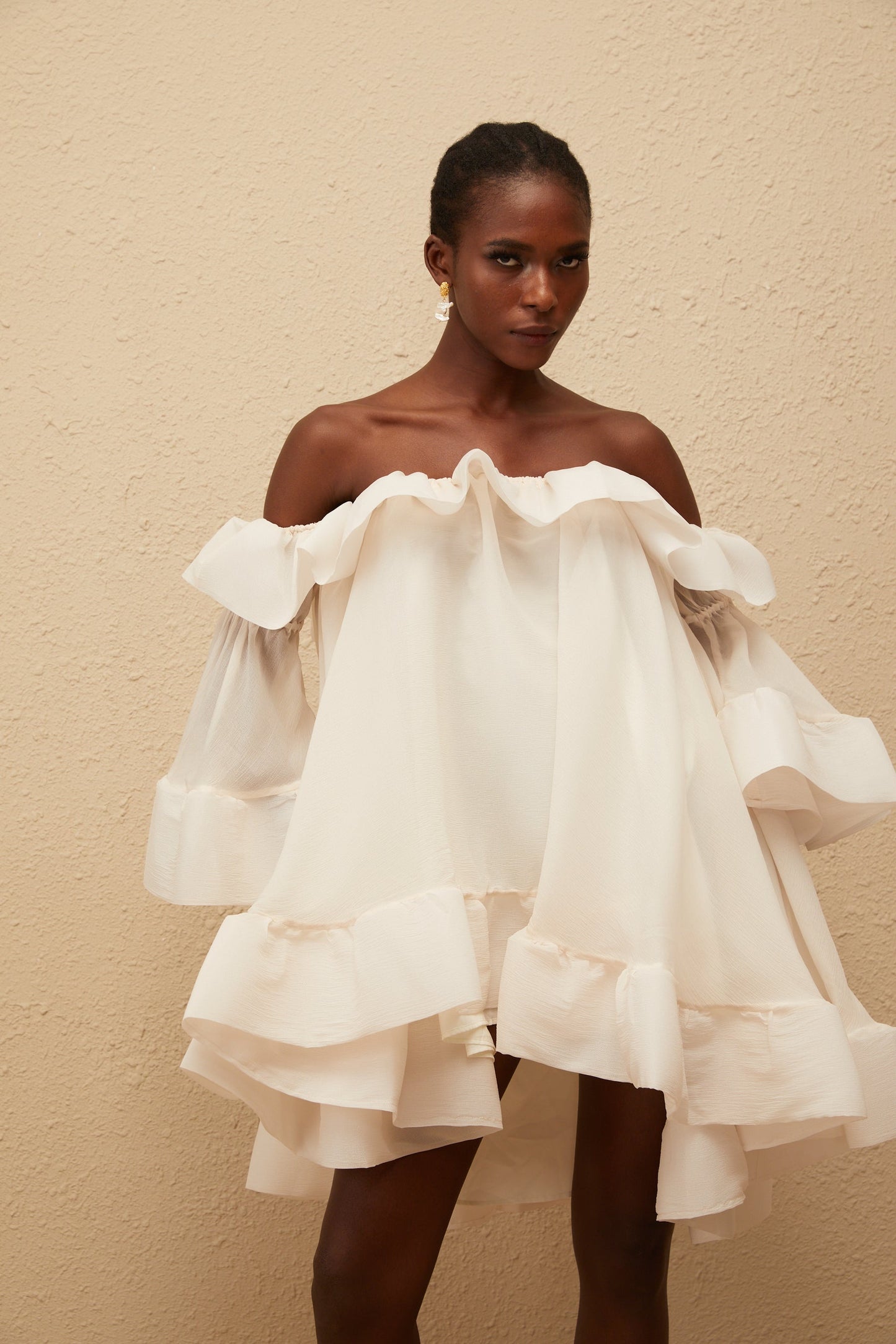 Flavie White Off Shoulder Ruffled Mini Dress