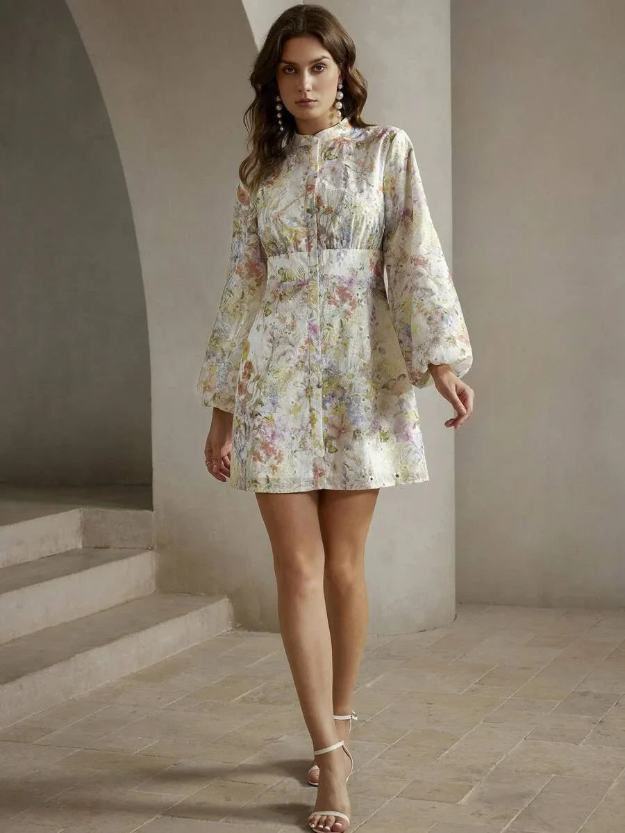 Floral AllOver Print Front Button Long Sleeve Casual Dress For Everyday Wear