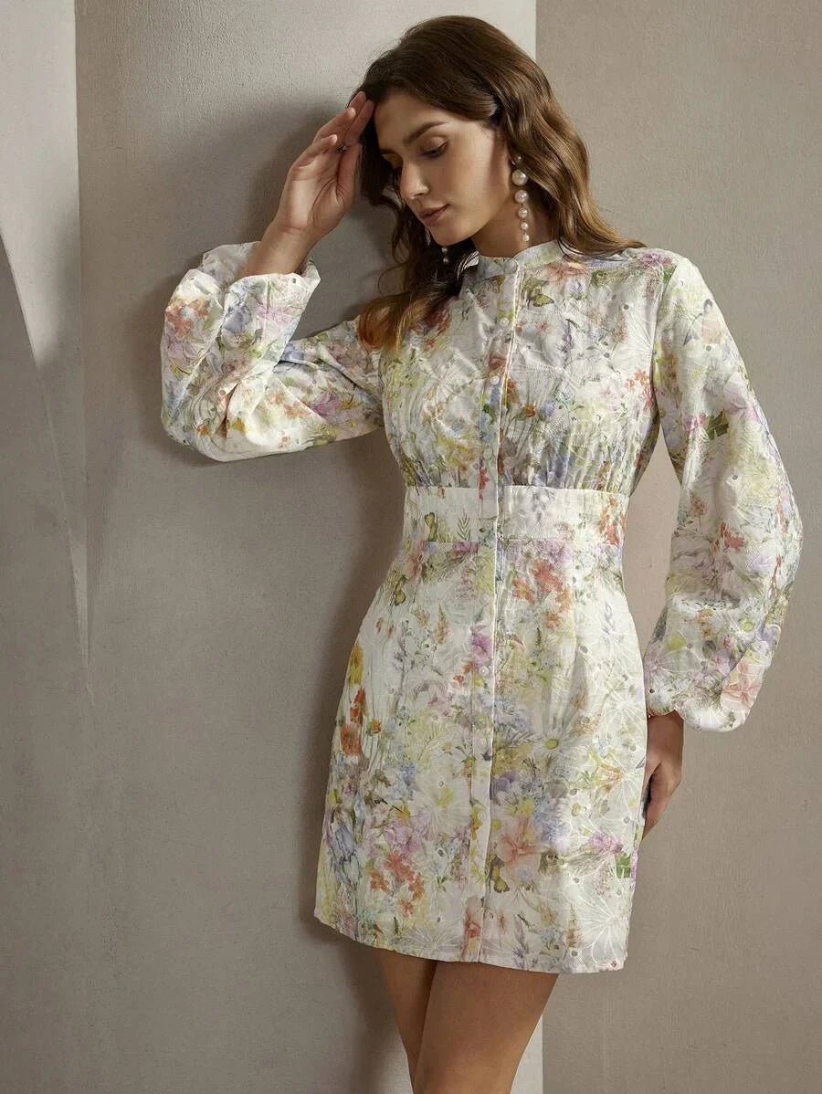 Floral AllOver Print Front Button Long Sleeve Casual Dress For Everyday Wear