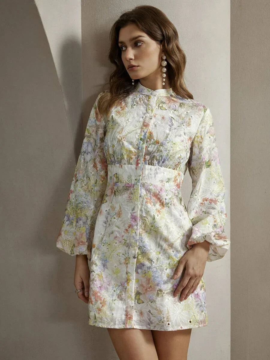 Floral AllOver Print Front Button Long Sleeve Casual Dress For Everyday Wear