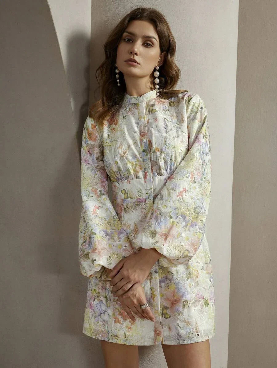 Floral AllOver Print Front Button Long Sleeve Casual Dress For Everyday Wear