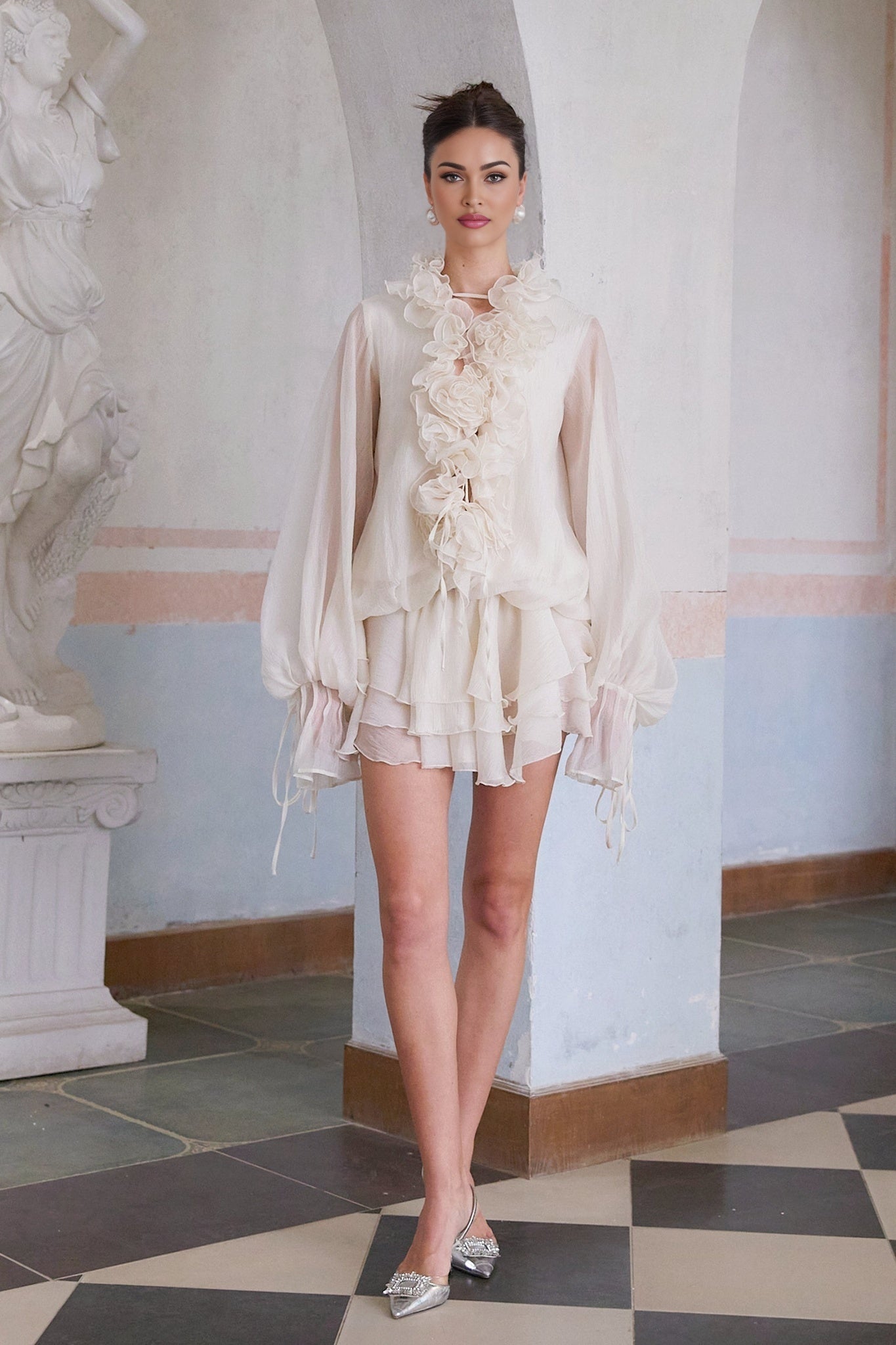 Floral applique tiered mini dress in neutral tones named Zephyrine