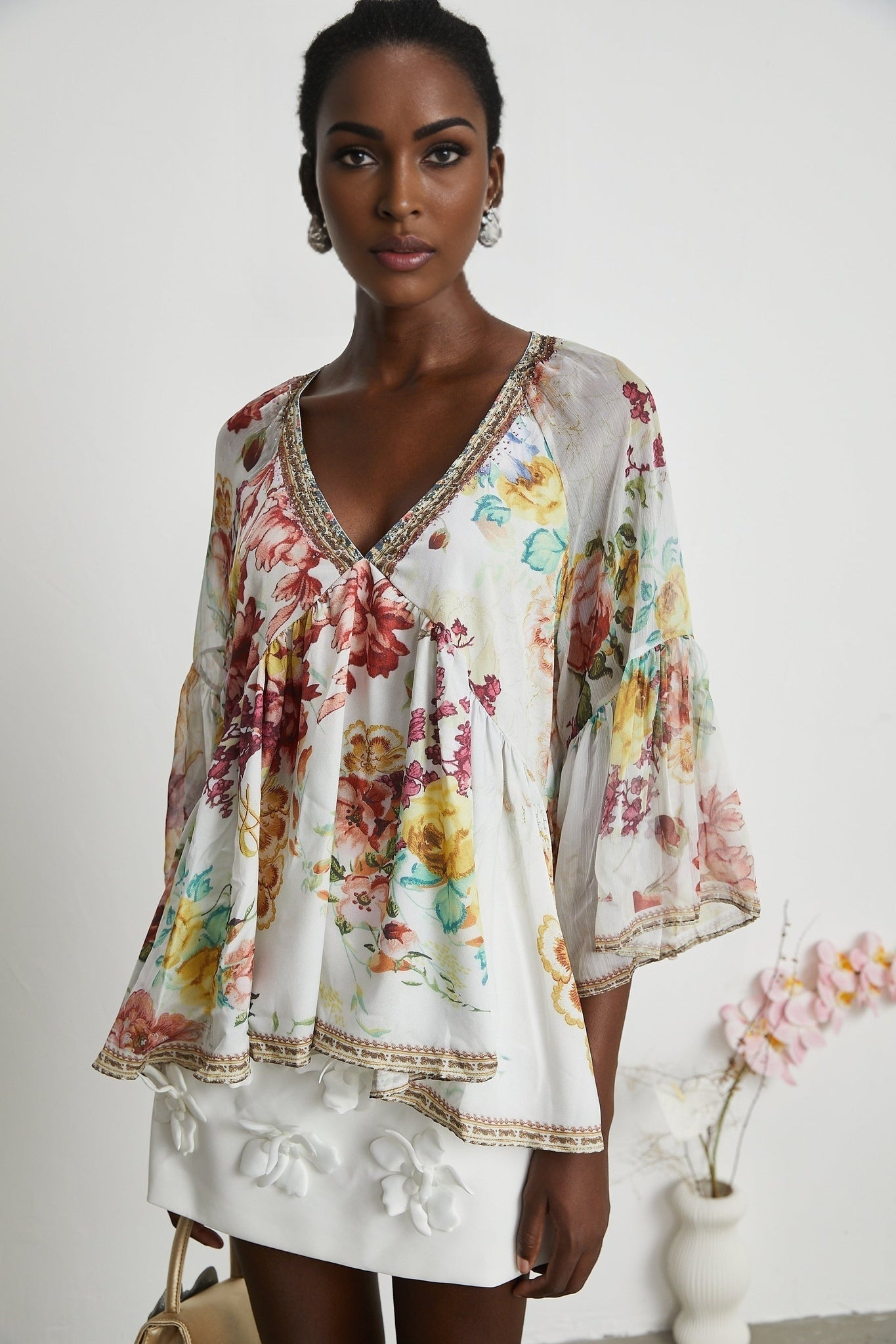 Floral print blouse with V neckline named Yvonne