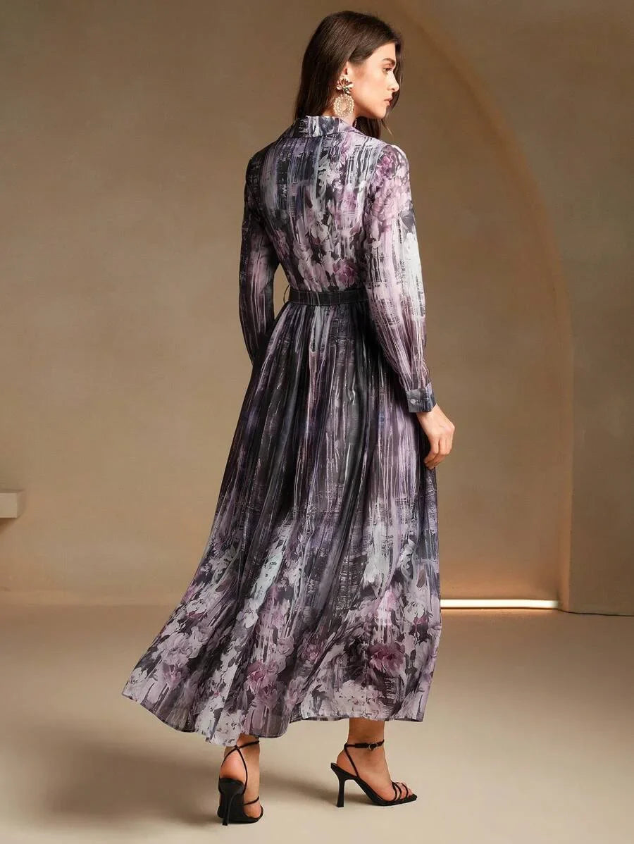 Floral Print Dress With 3D Flower Decor Belt