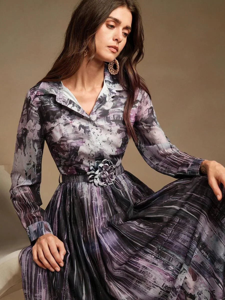 Floral Print Dress With 3D Flower Decor Belt