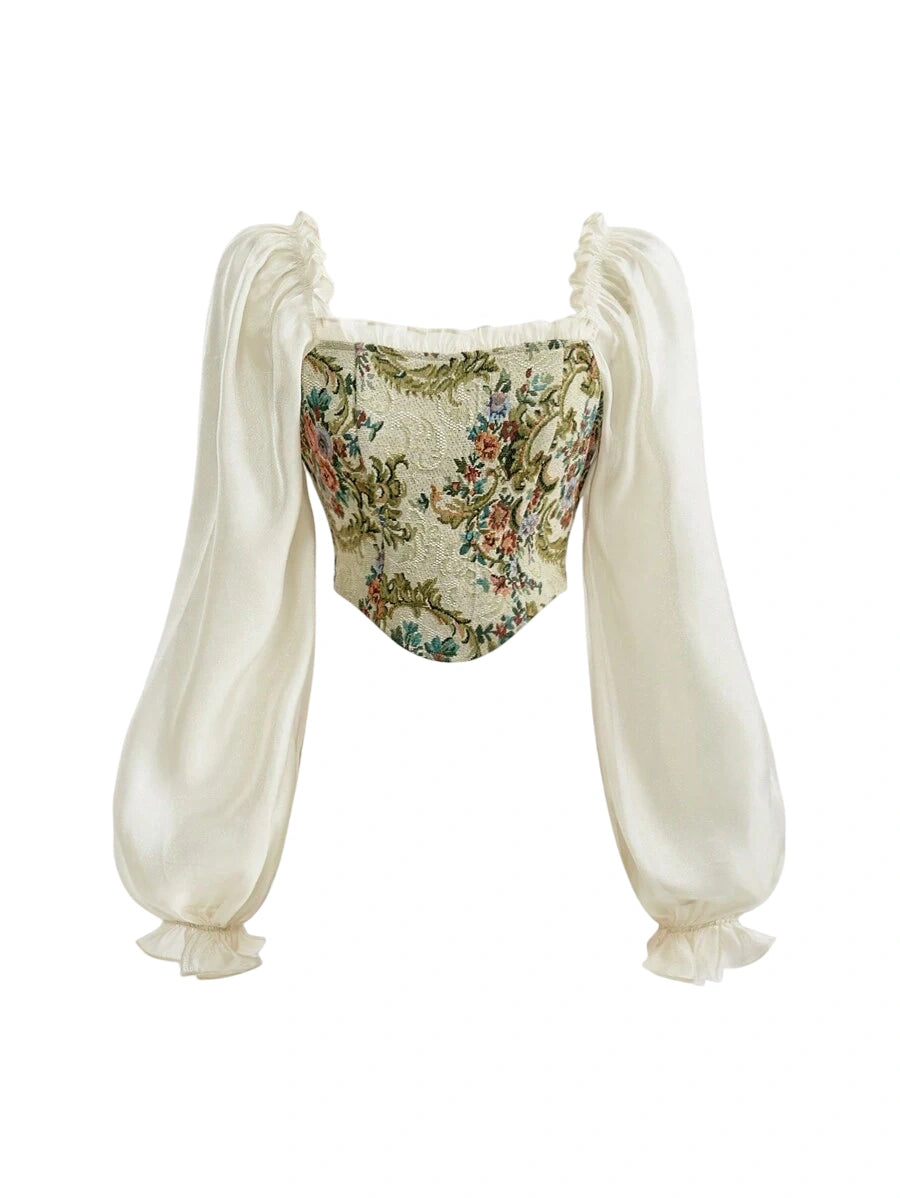 Floral Print Crop Top Frill Trim Lantern Sleeve Blouse