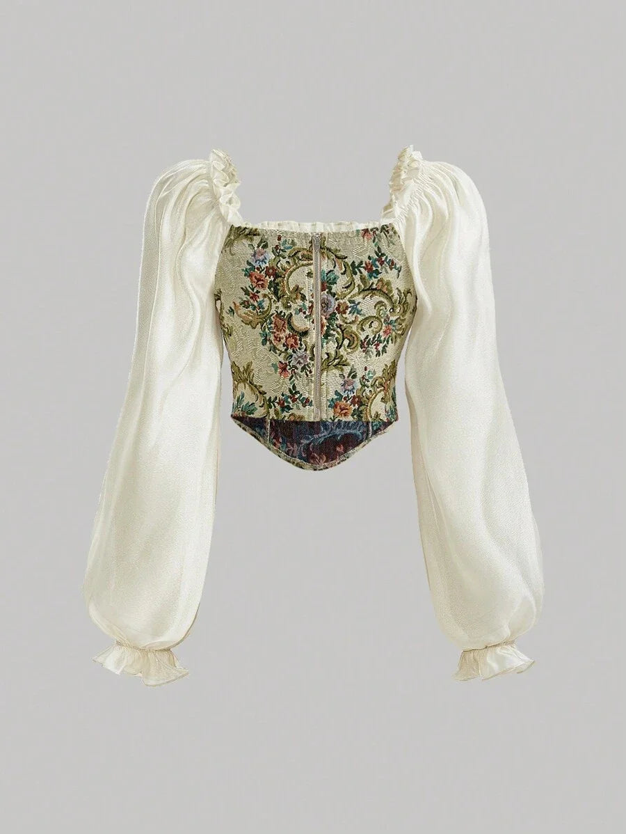 Floral Print Crop Top Frill Trim Lantern Sleeve Blouse