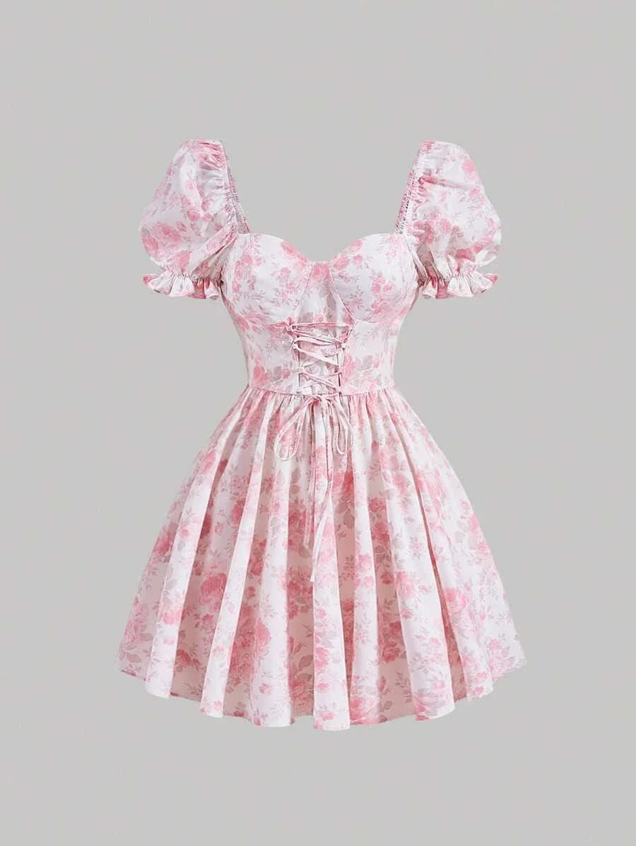 Floral Print Lace Up Front Puff Sleeve Dress