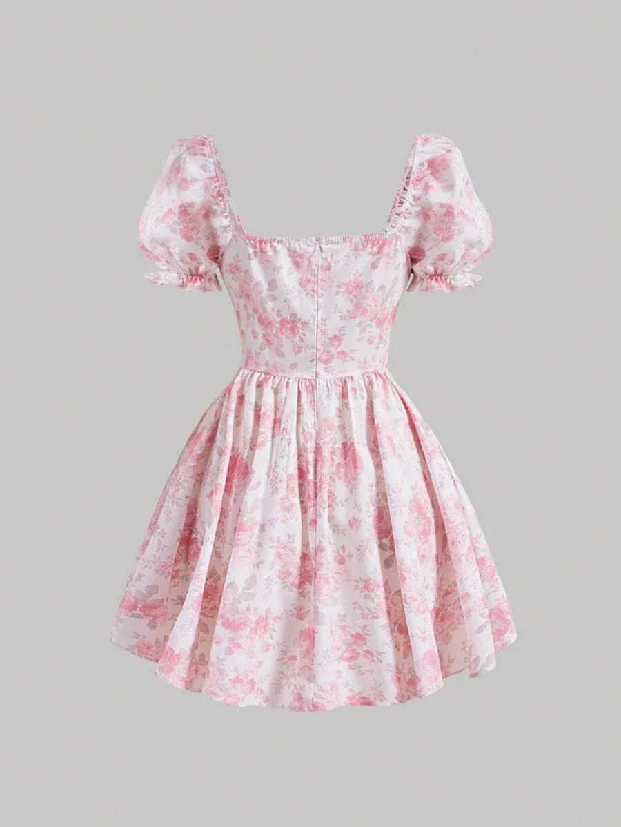 Floral Print Lace Up Front Puff Sleeve Dress