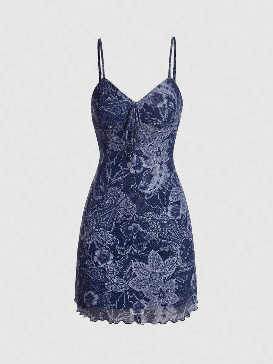 Floral Print Lettuce Trim Cami Dress in navy blue