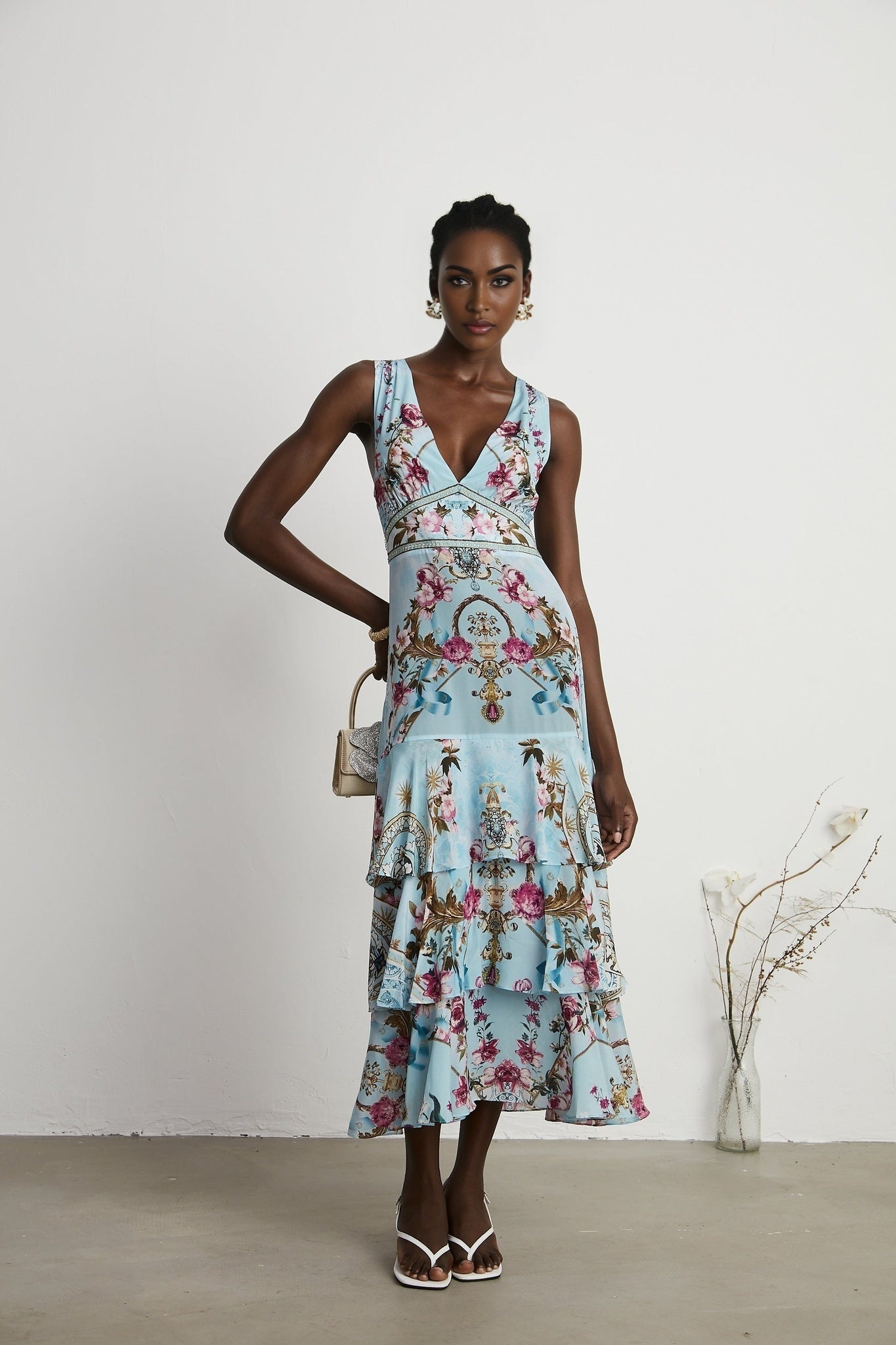 Floral print midi dress in Victoire style with colorful pattern on light background