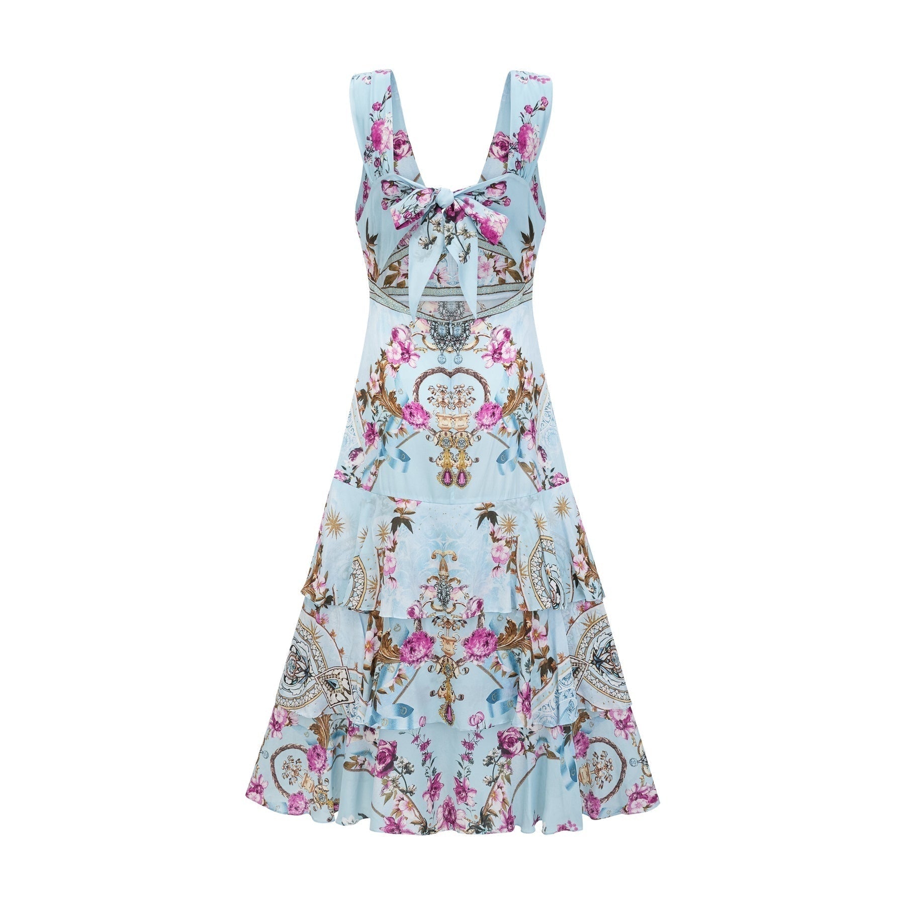 Floral print midi dress named Victoire with a colorful flower pattern on a light background