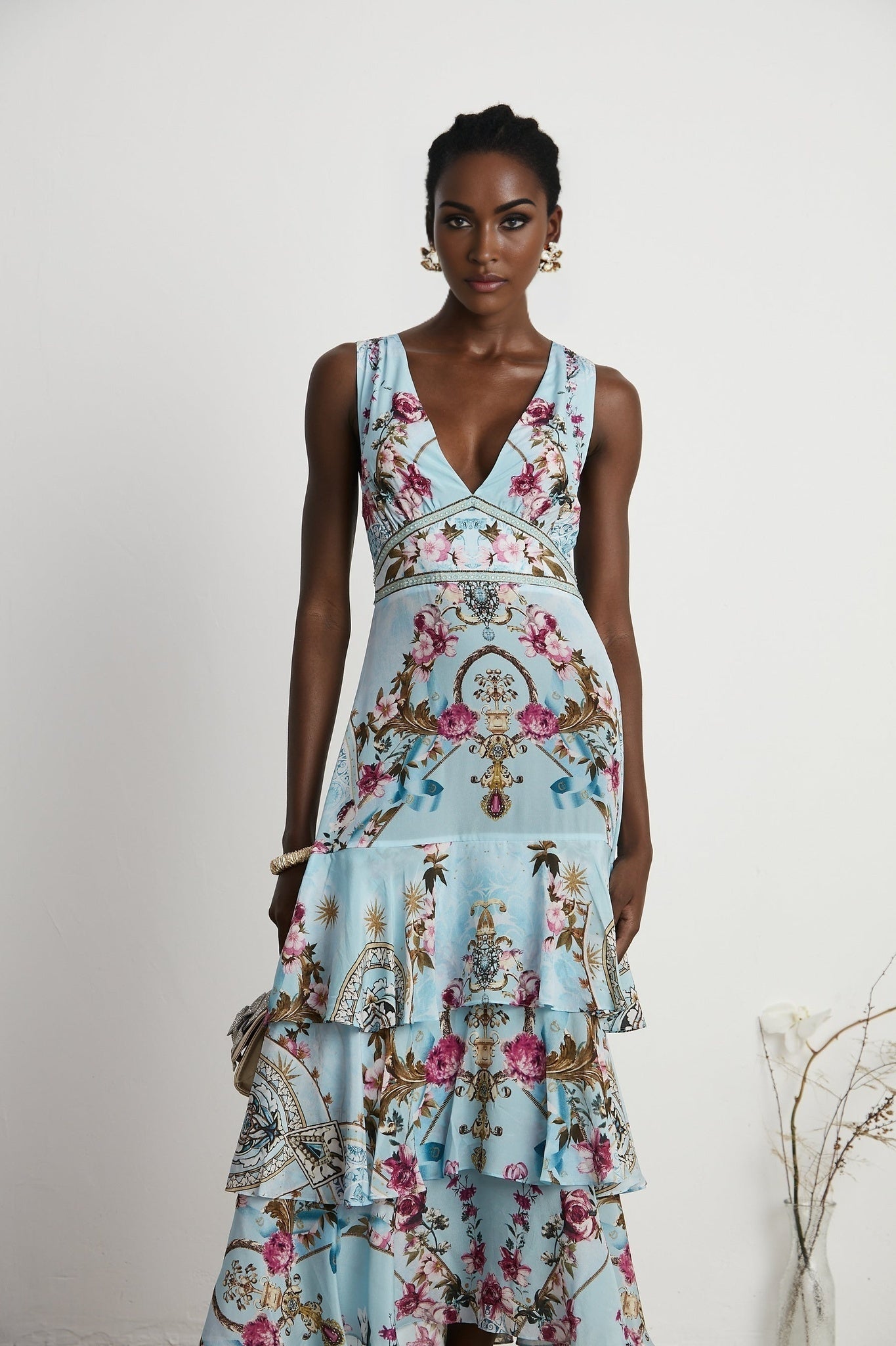 Floral print midi dress named Victoire with colorful flower pattern on fabric