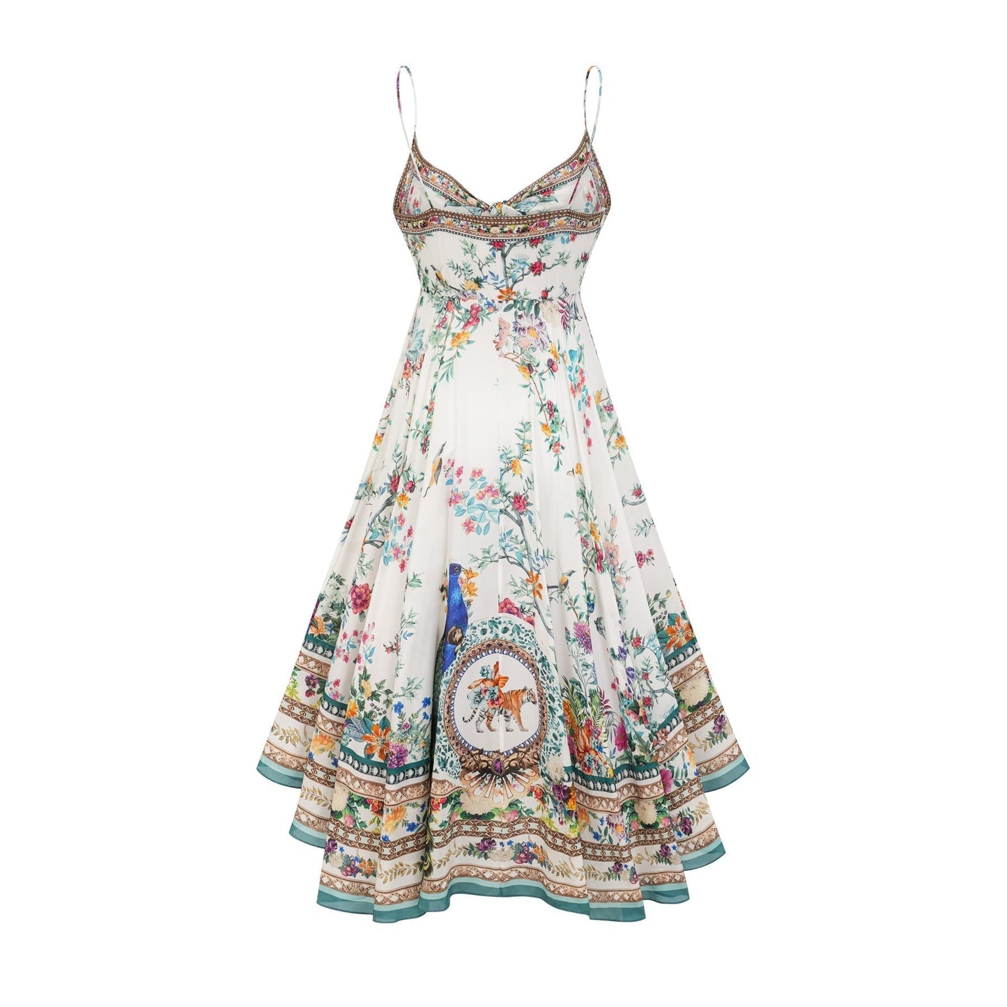 Floral print midi dress with embellishments in Philippine style colorful tropical pattern on light fabric flowing silhouette