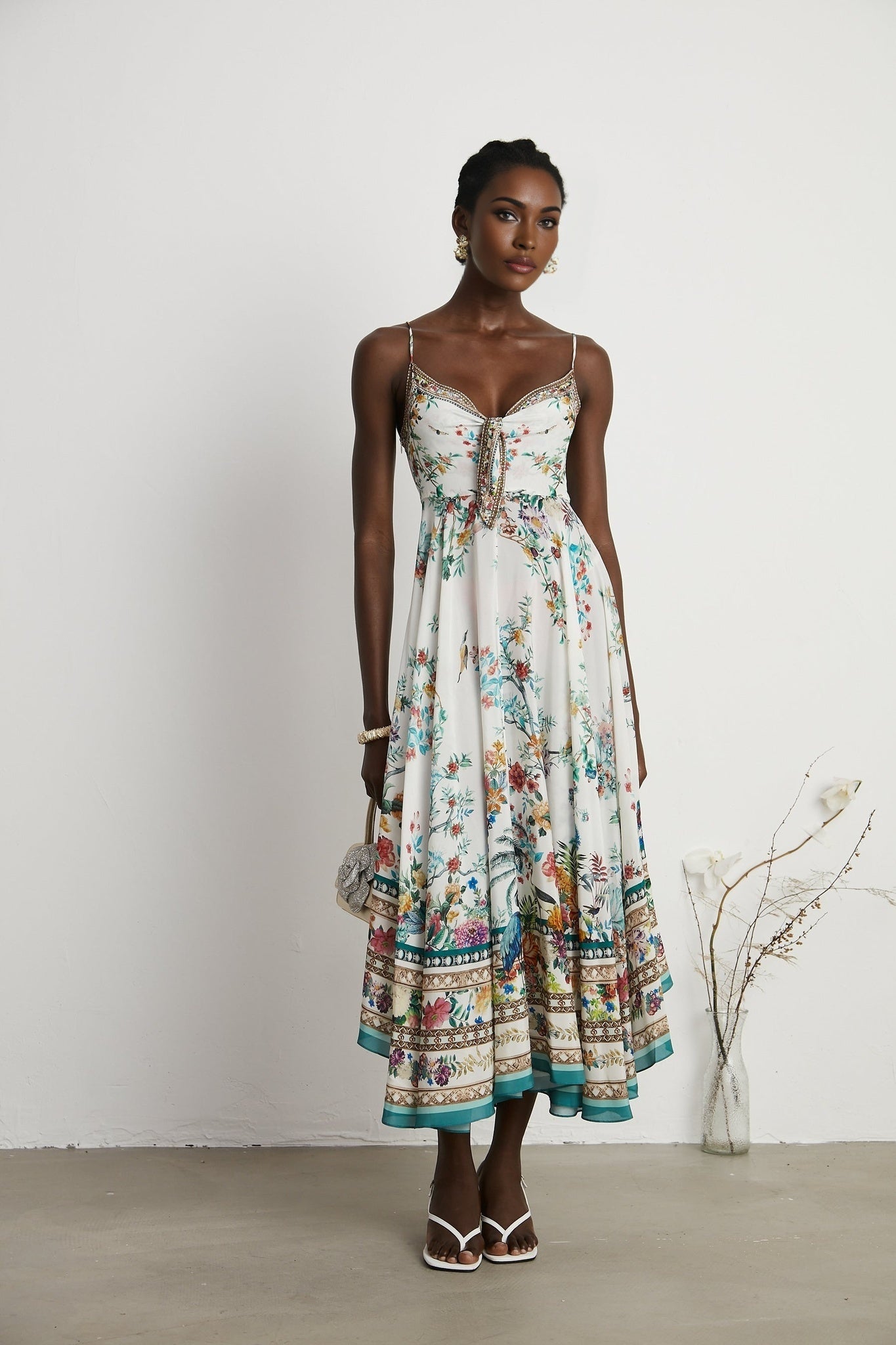 Floral print midi dress with embellishments in Philippine style
