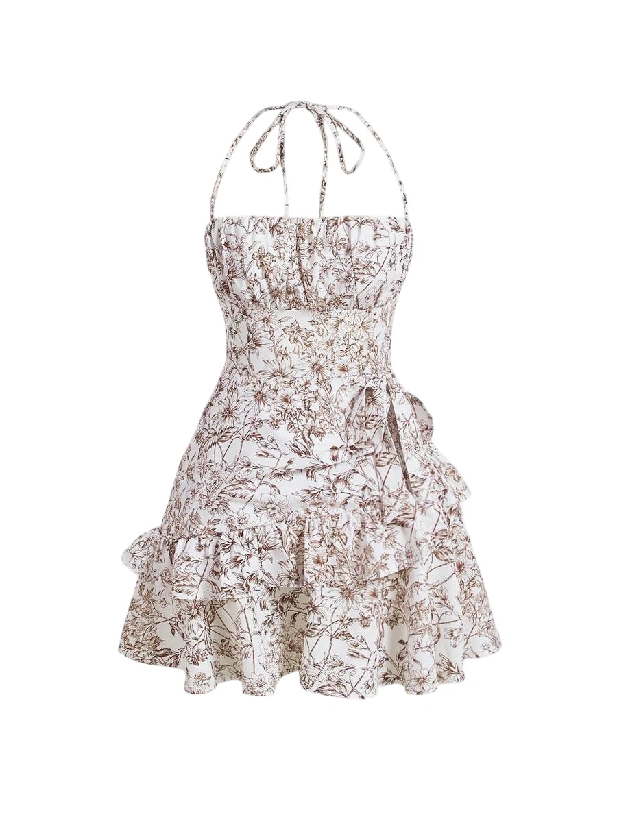 Floral Print Ruffle Trim Tie Backless Halter Dress