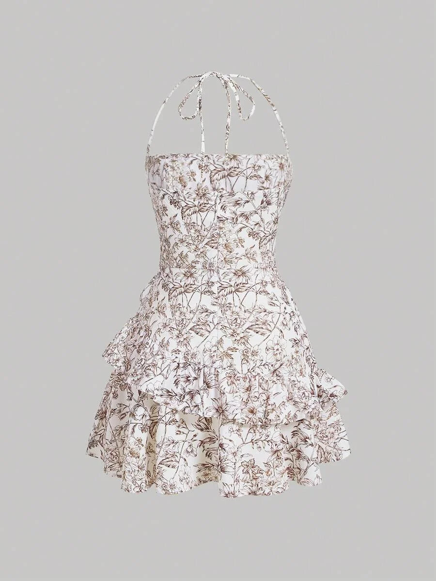 Floral Print Ruffle Trim Tie Backless Halter Dress