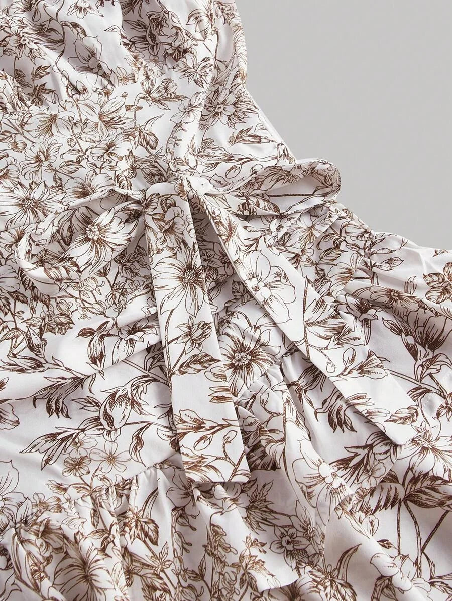 Floral Print Ruffle Trim Tie Backless Halter Dress