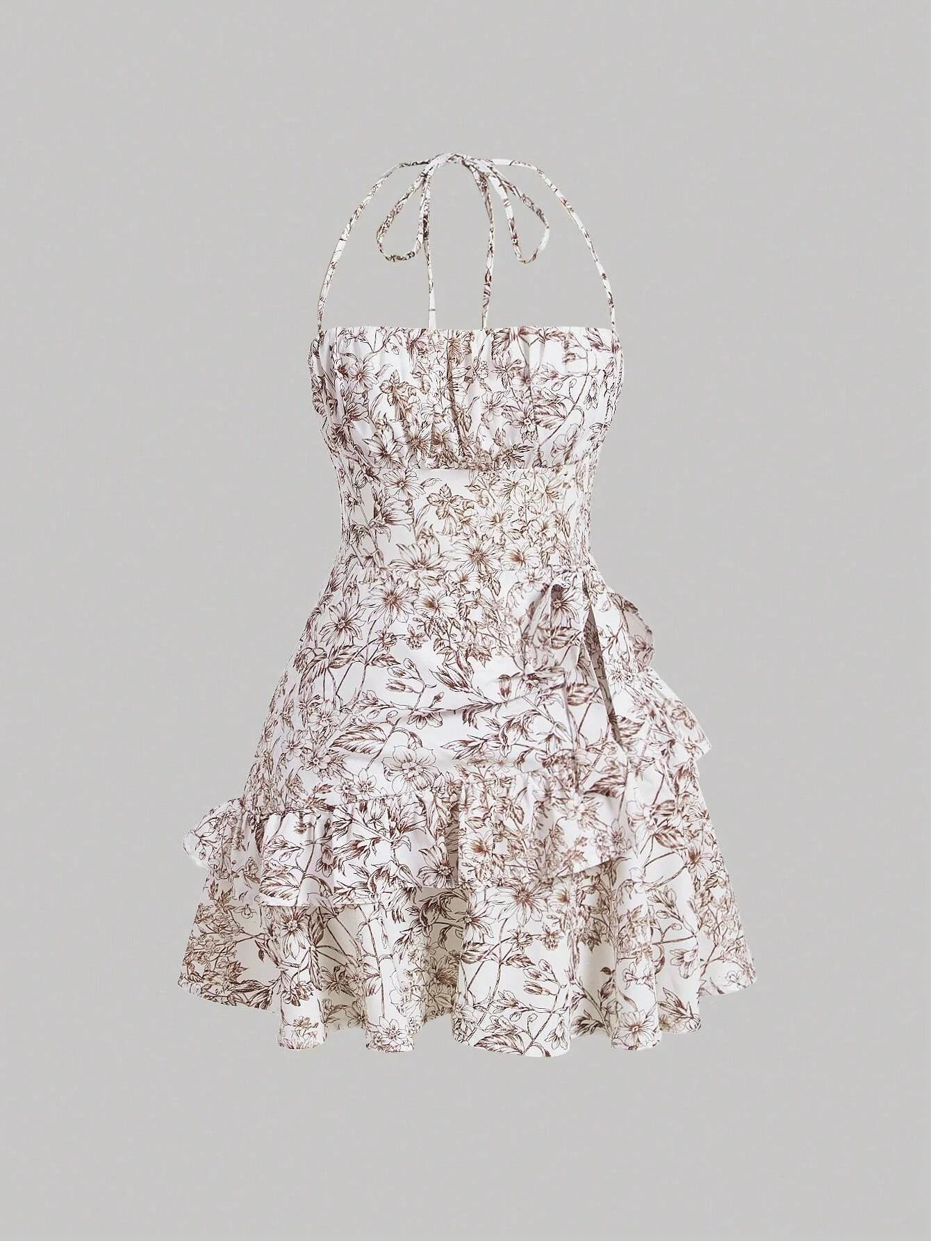 Floral Print Ruffle Trim Tie Backless Halter Dress
