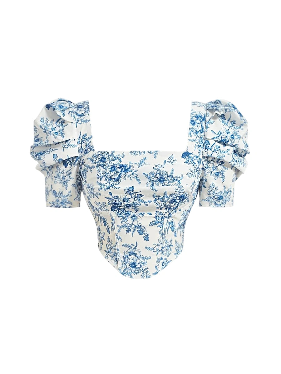 Floral Print Square Neck Puff Sleeve Bandana Hem Crop Summer Blouse in Blue and White