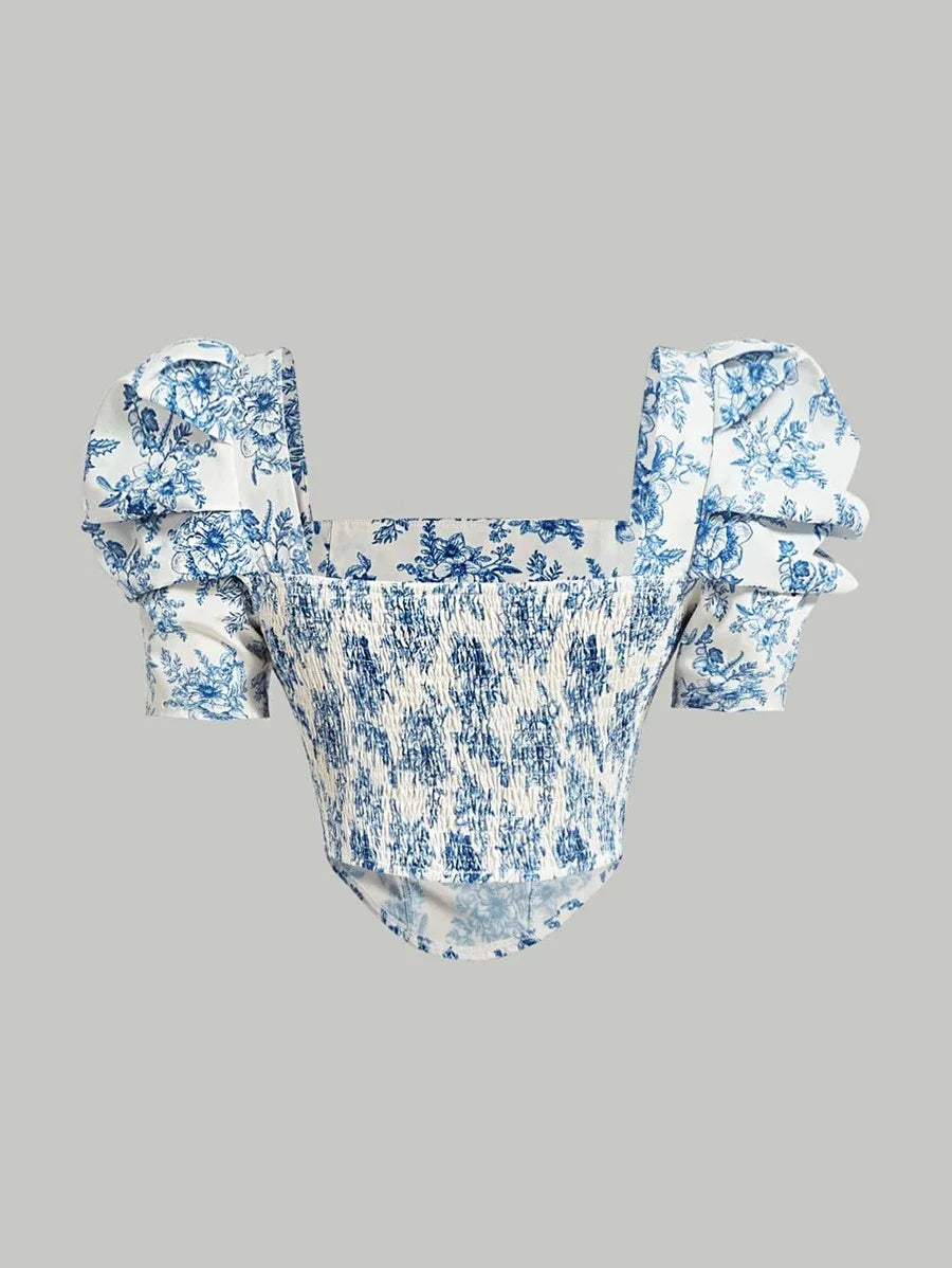 Floral Print Square Neck Puff Sleeve Bandana Hem Crop Summer Blouse