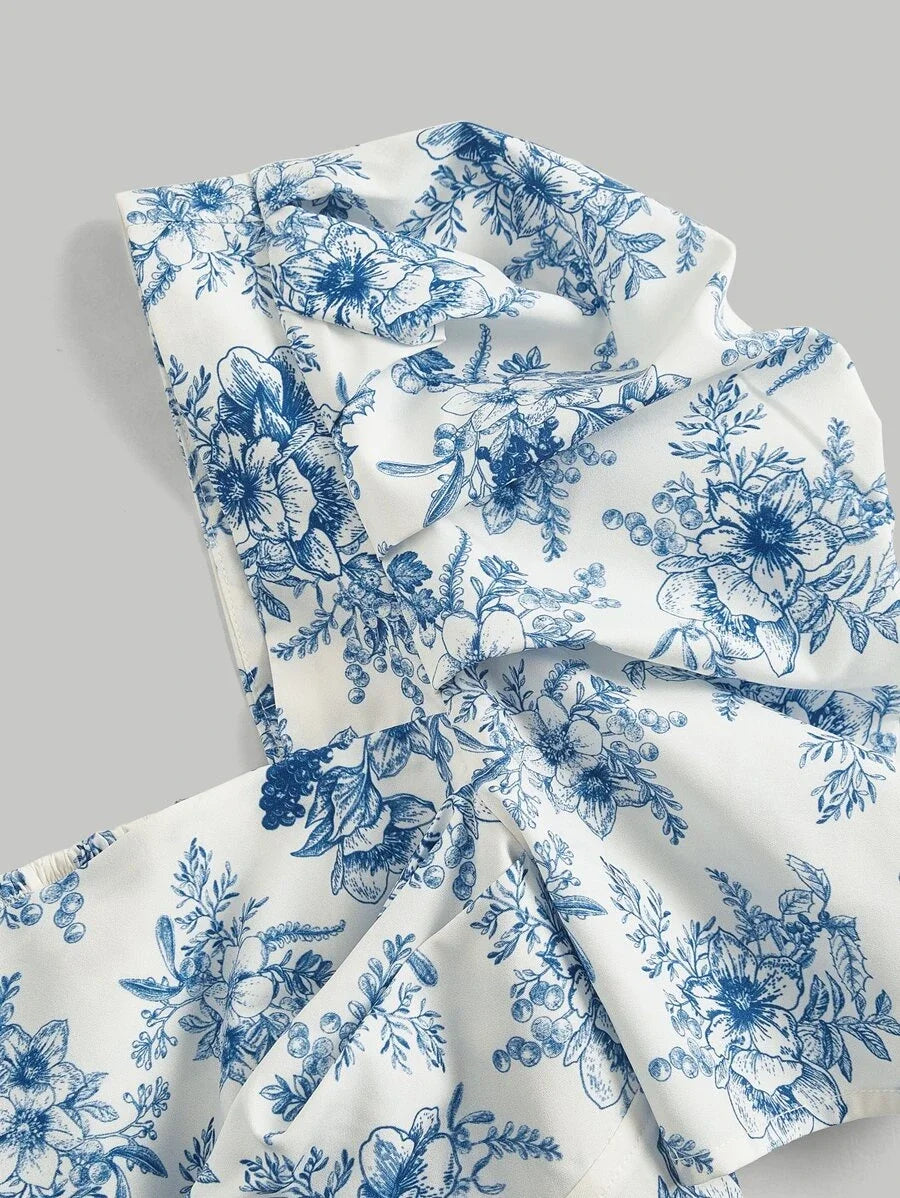 Floral Print Square Neck Puff Sleeve Bandana Hem Crop Summer Blouse
