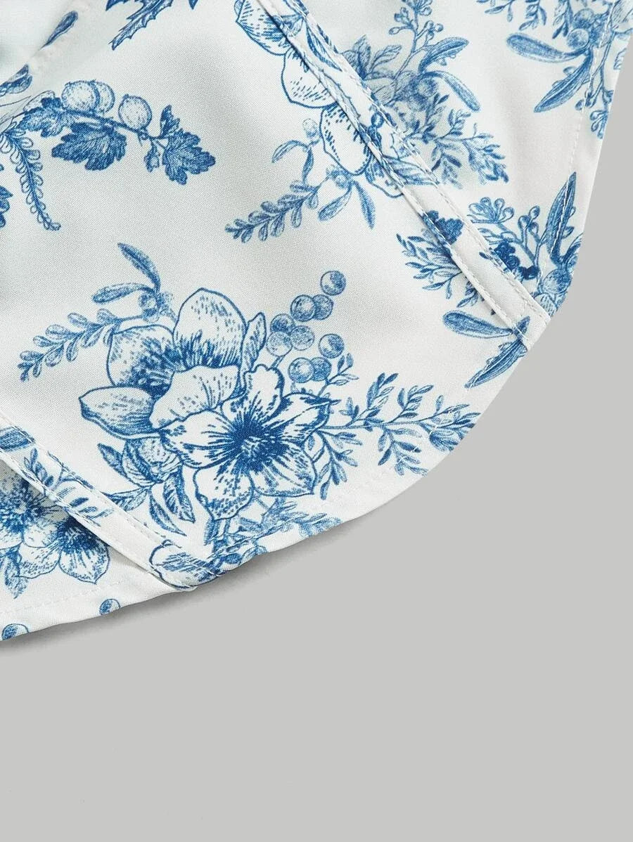 Floral Print Square Neck Puff Sleeve Bandana Hem Crop Summer Blouse