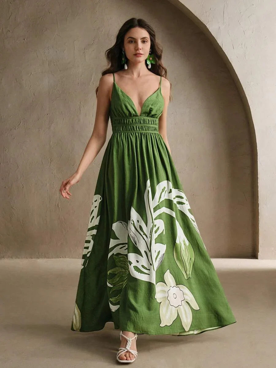 Floral Print VNeck Cinched Waist Sleeveless Dress Festival Vacation Elegant Outfits For Women