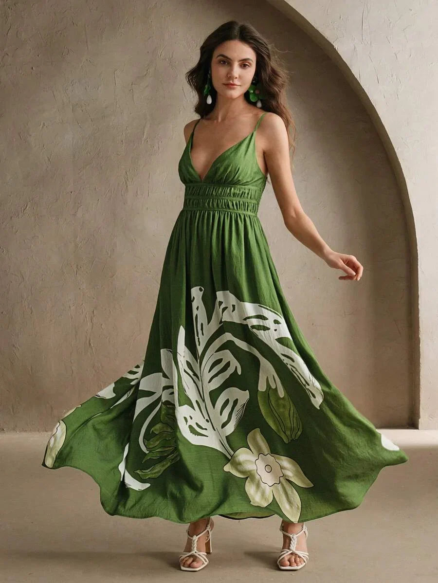 Floral Print VNeck Cinched Waist Sleeveless Dress Festival Vacation Elegant Outfits For Women