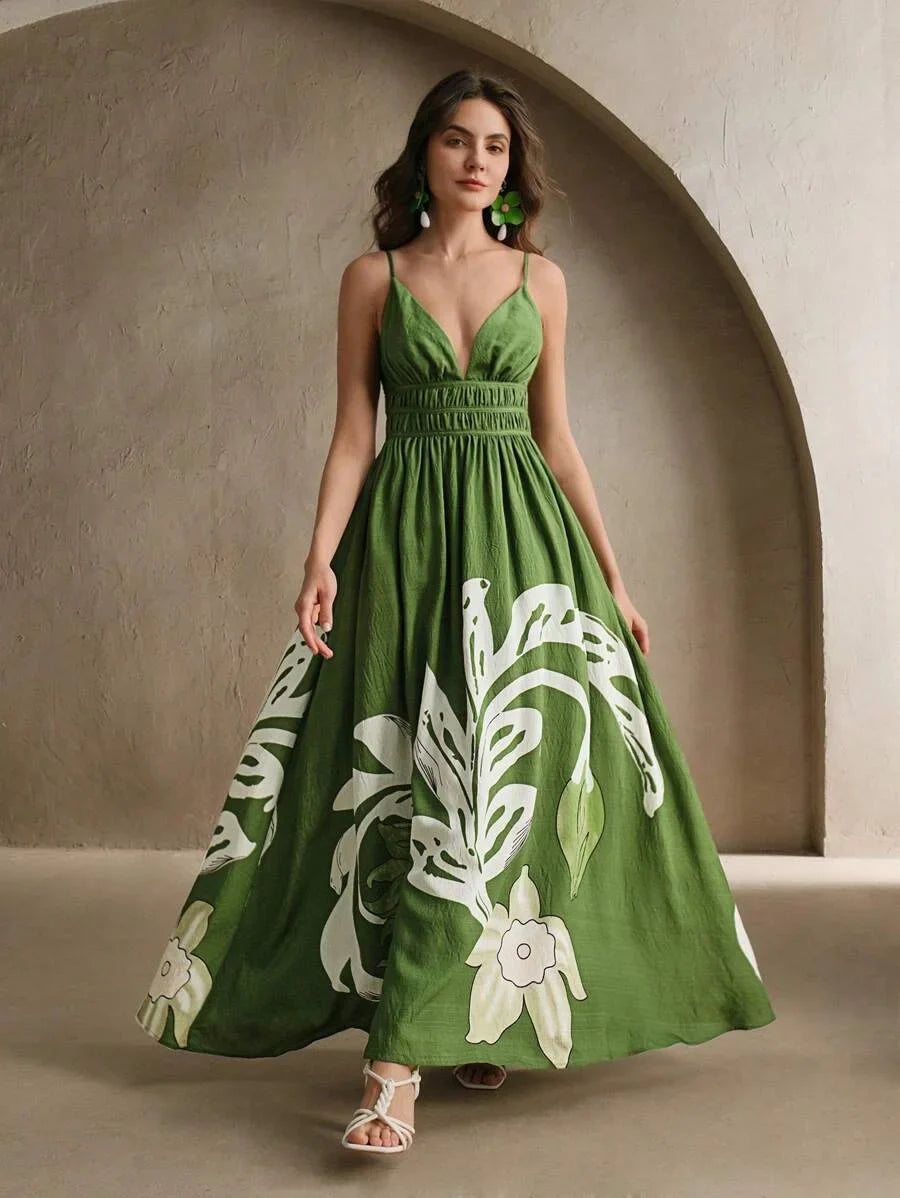 Floral Print VNeck Cinched Waist Sleeveless Dress Festival Vacation Elegant Outfits For Women