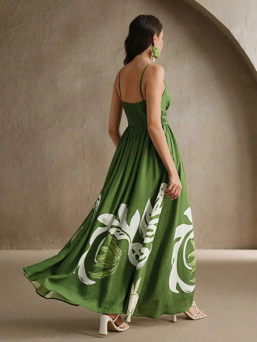 Floral Print VNeck Cinched Waist Sleeveless Dress Festival Vacation Elegant Outfits For Women
