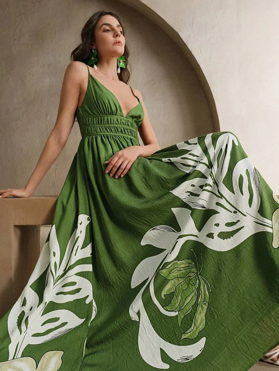 Floral Print VNeck Cinched Waist Sleeveless Dress Festival Vacation Elegant Outfits For Women