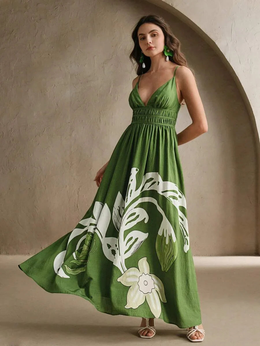 Floral Print VNeck Cinched Waist Sleeveless Dress Festival Vacation Elegant Outfits For Women