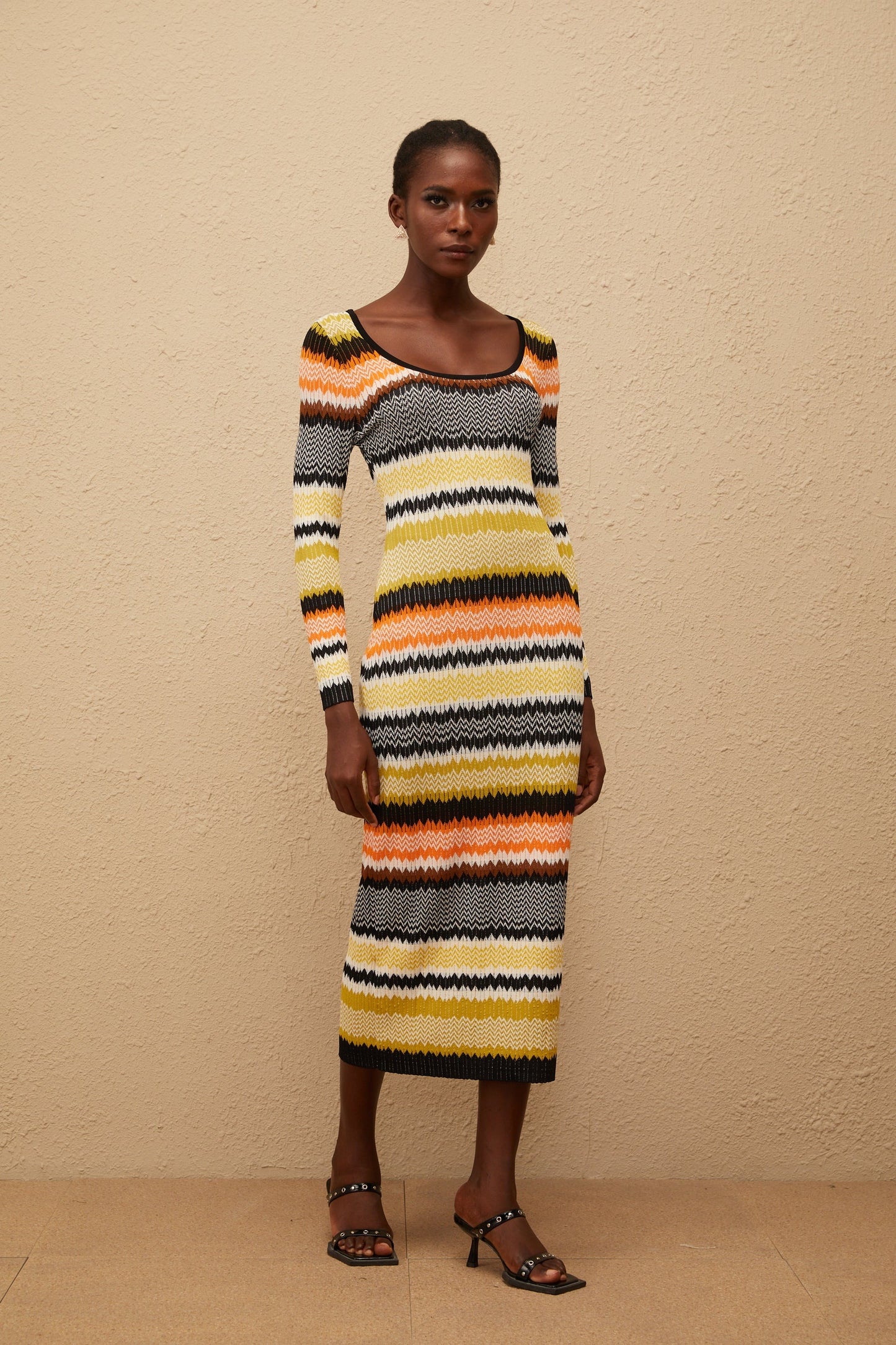 Frédérique Yellow Zigzag Woven Knit Midi Dress